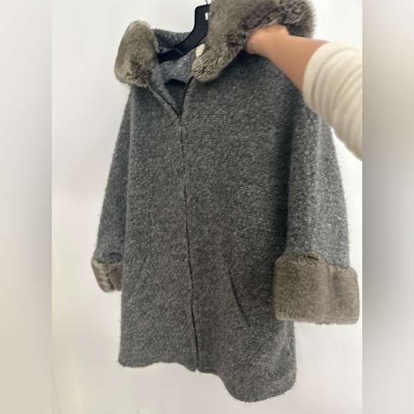 Zara Oversize Sweater Coat Wool with Faux fur hood - Picture 2 of 10